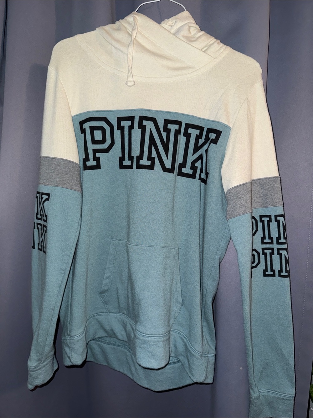 PINK Victoria's Secret Light Blue & White Colorblock V-Neck Hoodie